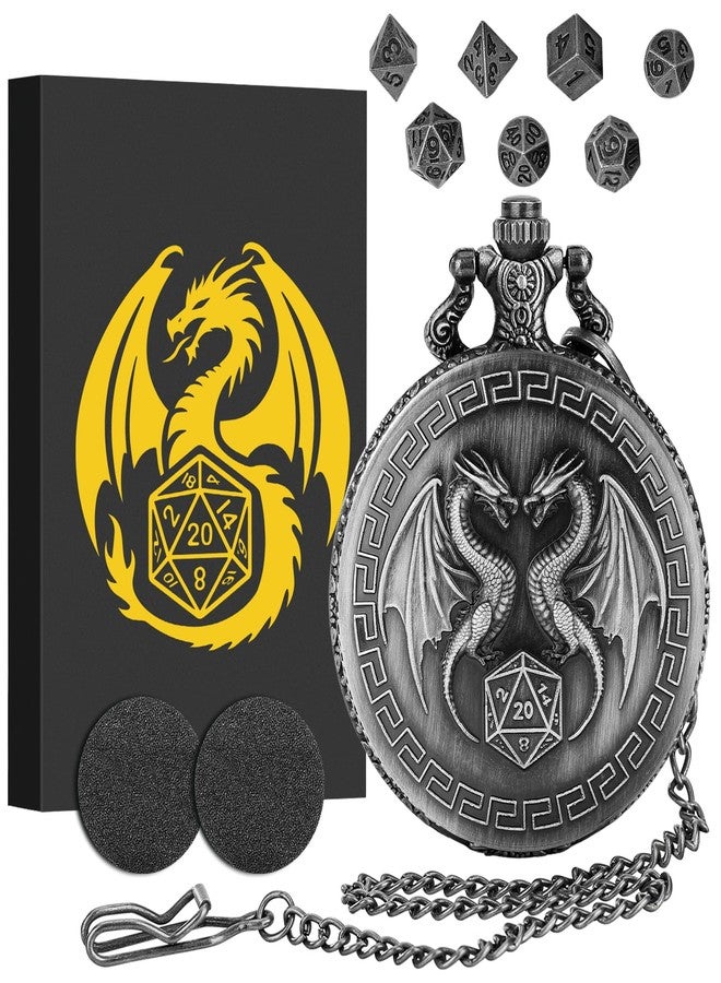 Keller & Weber Mini DND Dice Set with Steampunk Double Dragon Pocket Watch Case, Tiny 7-Piece Polyhedral Metal D&D Dice, DND Gifts with Gift Box, Role Playing Game Board Game Accessories Dice, Dark Silver - Image 1